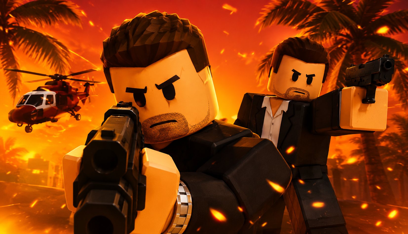 Two Roblox-style action heroes in suits against an explosive sunset with palm trees and a helicopter