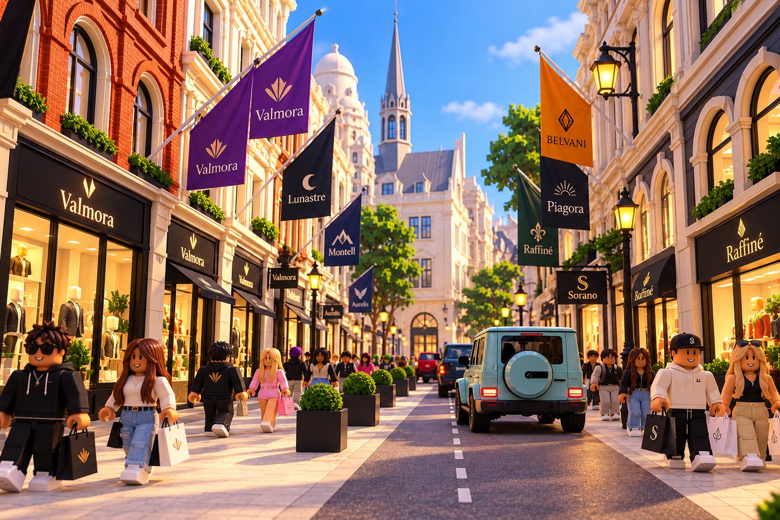 Roblox-style shoppers with bags on a busy high street lined with designer stores