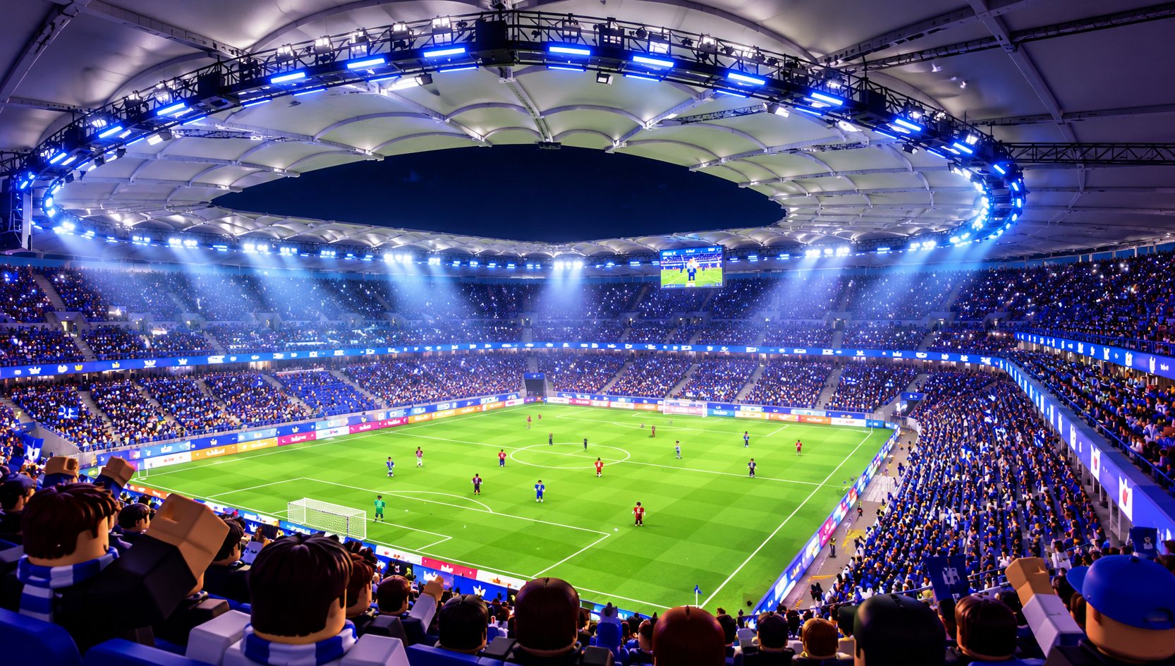 A packed Roblox-style football stadium under floodlights during a match